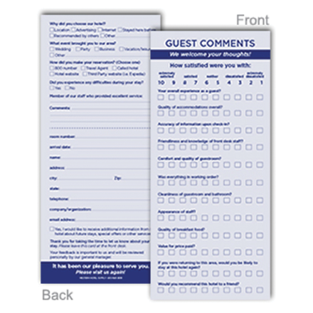 Comment Cards used by hotel and hospitality teams