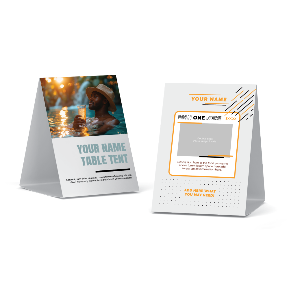 Custom hotel table tent used for guest messaging in a lobby or dining area