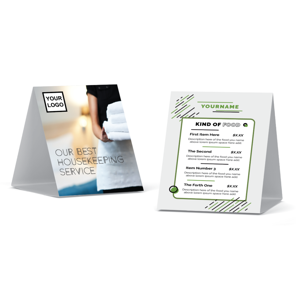 Custom hotel table tent used for guest messaging in a lobby or dining area