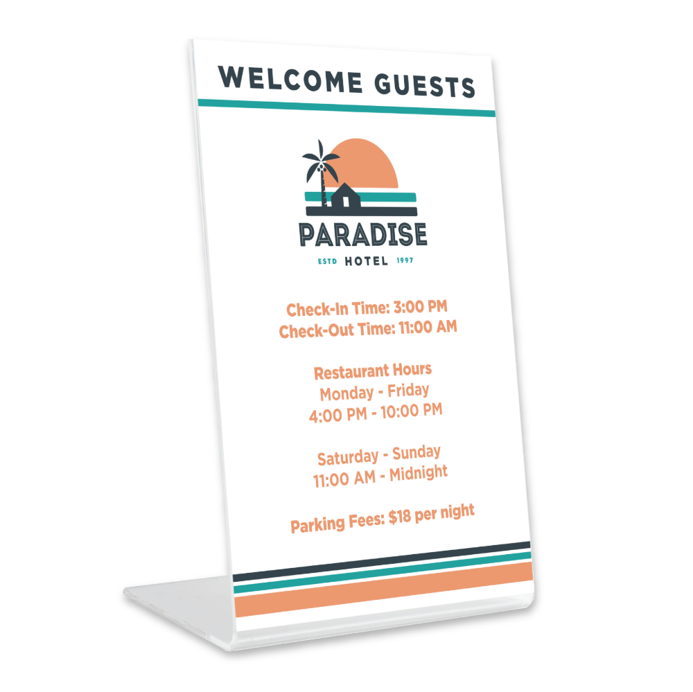 Hotel table pedestal sign displayed in a lobby or guest information area