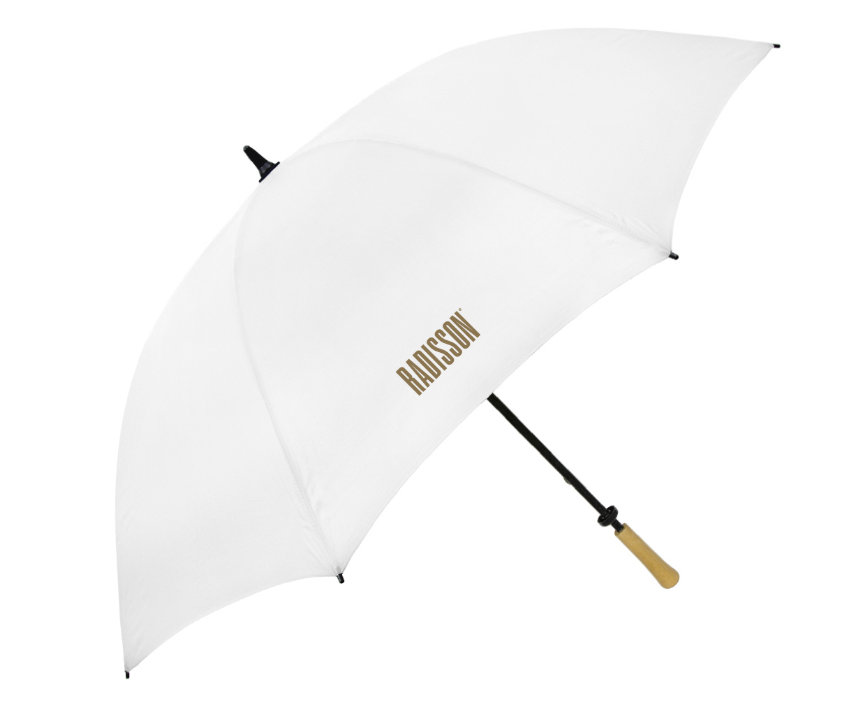 White umbrella with 'Radisson' branding on a white background
