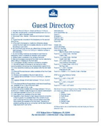 Guest Directory Single Sheets (2 Sided) used by hotel and hospitality teams
