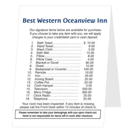 Hospitality Guides (Plastic Tents) used by hotel and hospitality teams