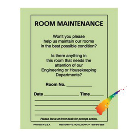 Room Maintenance Cards used by hotel and hospitality teams