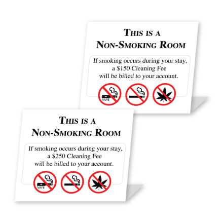 No Smoking Cleaning Fee L-Stand used by hotel and hospitality teams