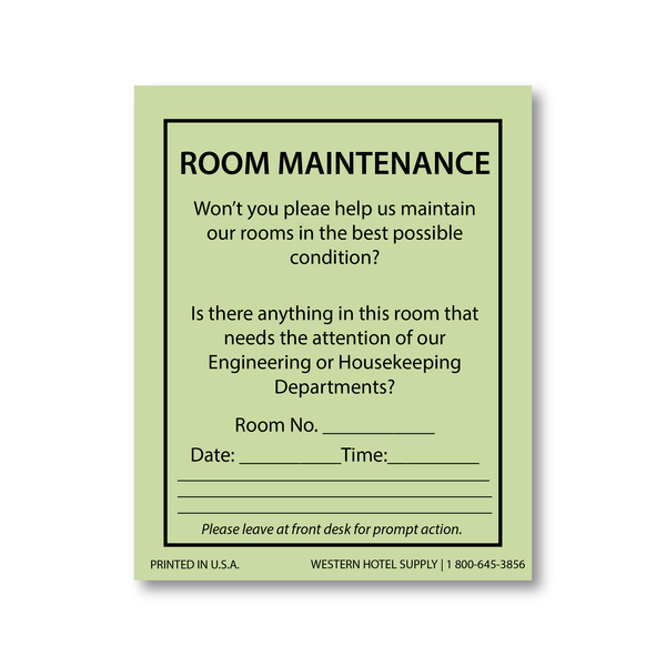 Quality Inn Room Maintenance Cards