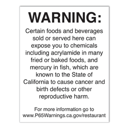 Quality Inn Food & Beverage Warning Sign (CA Prop 65)