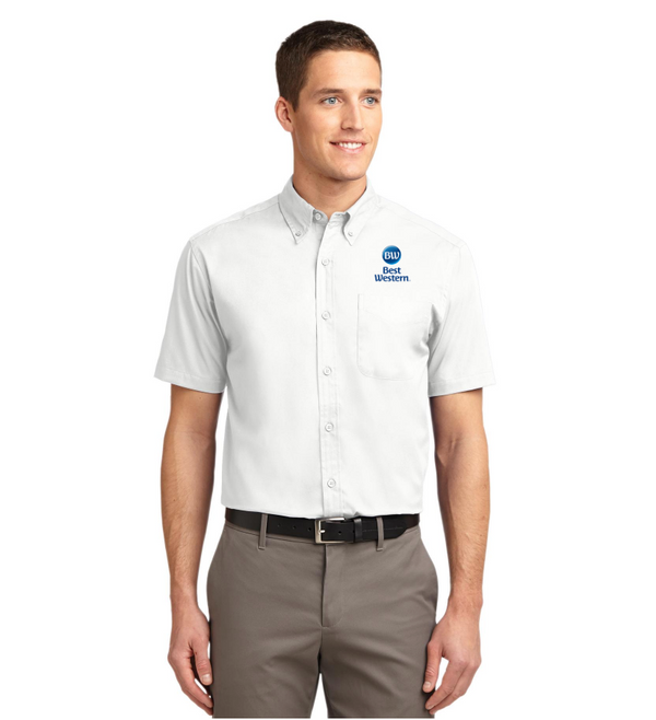 Front Desk Men's Oxford Shirt in white with an embroidered logo