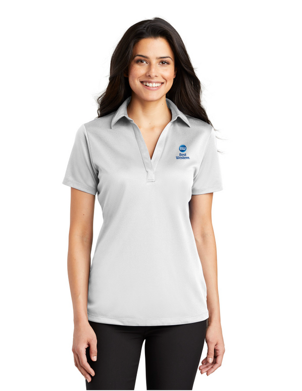 Front Desk Women's Polo in white with embroidered logo