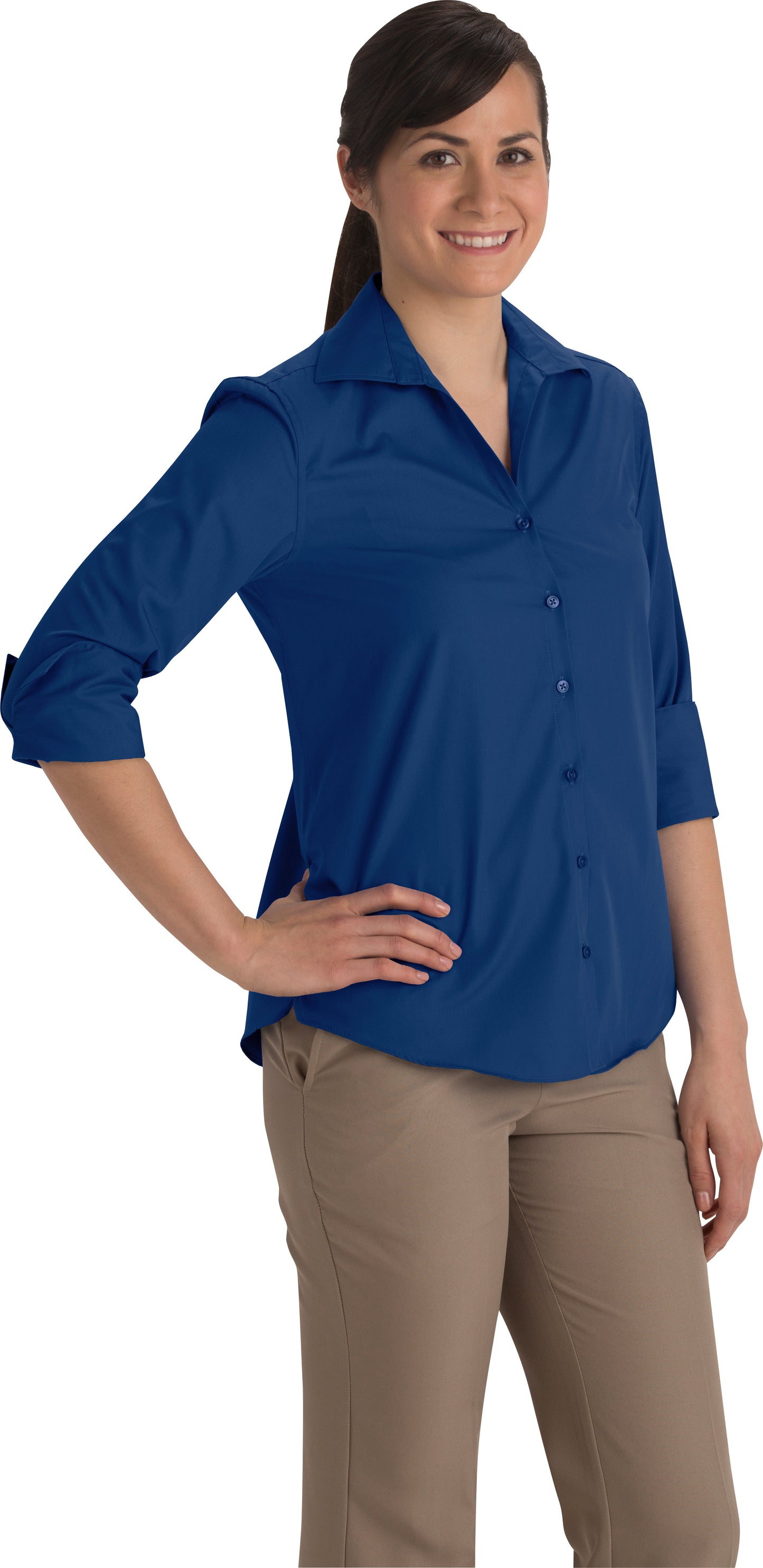 Ladies' Open Neck Poplin - 3/4 Sleeve