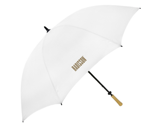 White umbrella with 'Radisson' branding on a white background