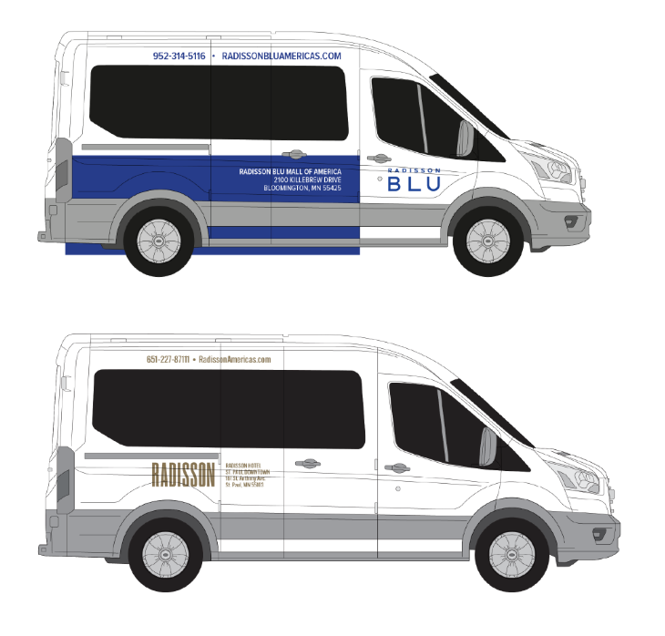 Two views of a van with Radisson Blu and Radisson vehicle wrap on a white background