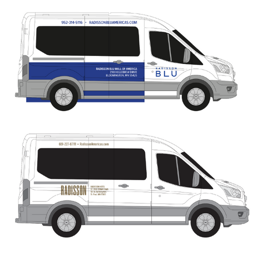Two views of a van with Radisson Blu and Radisson vehicle wrap on a white background