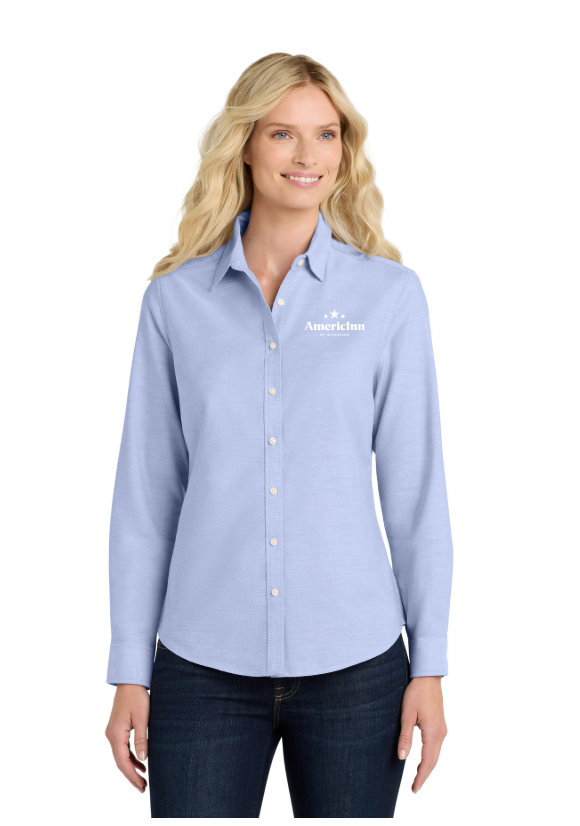 Front Desk Women's Oxford Shirt in blue with an embroidered logo