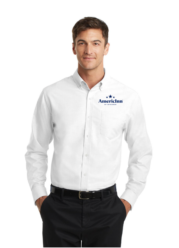 Front Desk Women's Oxford Shirt in white with an embroidered logo
