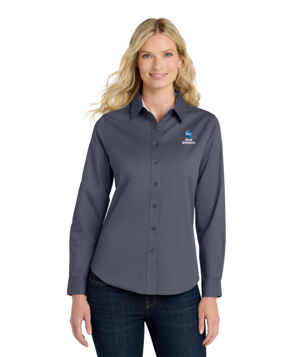 Front Desk Women's Oxford Shirt in blue with an embroidered logo